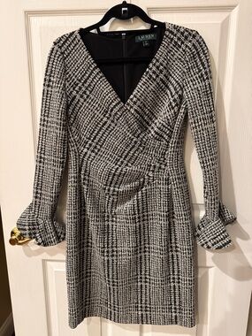 Lauren Ralph Lauren Black and White Tweed Long-Sleeve Faux Wrap Dress